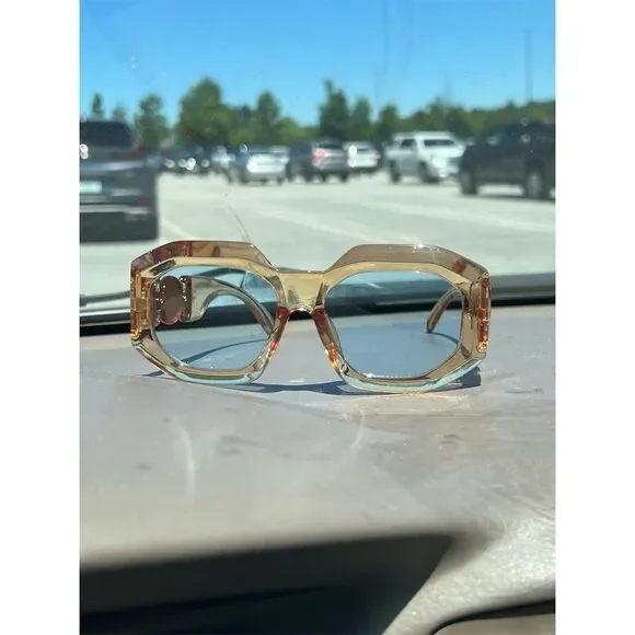 Unisex Sunglasses Transparent Gold Frame Blue Lenses Geometric S… - Picture 2 of 10